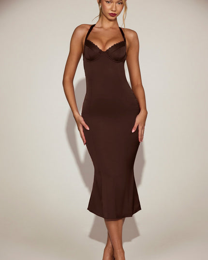 Chocolate Brown Satin Sweetheart Bustier Fishtail Midaxi Dress