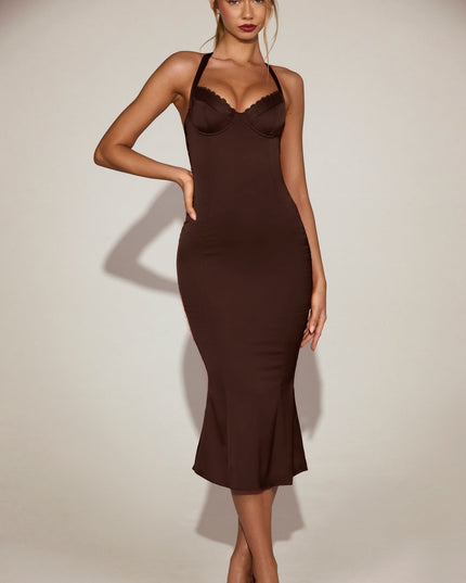 Chocolate Brown Satin Sweetheart Bustier Fishtail Midaxi Dress