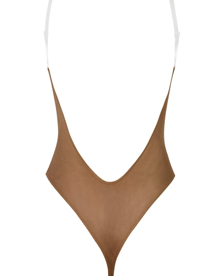 Almond Soft Mesh Invisible Strap Thong Bodysuit