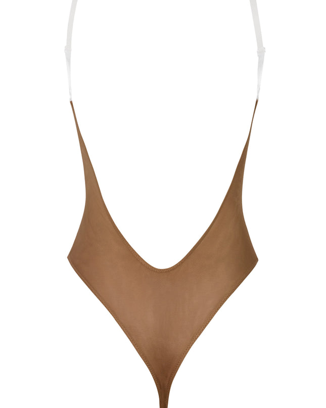 Almond Soft Mesh Invisible Strap Thong Bodysuit