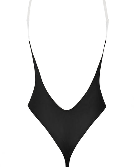 Black Soft Mesh Invisible Strap Thong Bodysuit