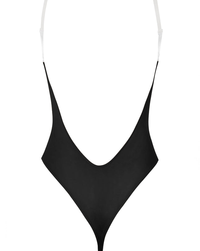 Black Soft Mesh Invisible Strap Thong Bodysuit