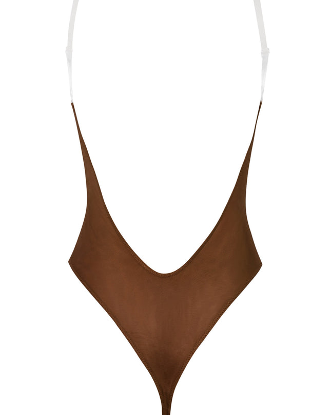 Chestnut Soft Mesh Invisible Strap Thong Bodysuit
