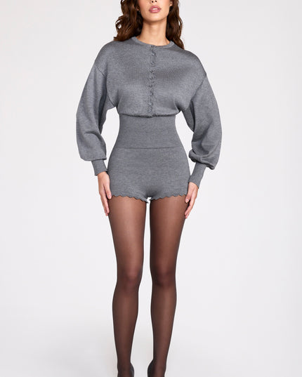 Grey Fine-Knit Long-Sleeve Romper