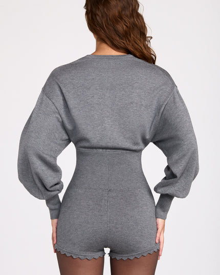 Grey Fine-Knit Long-Sleeve Romper
