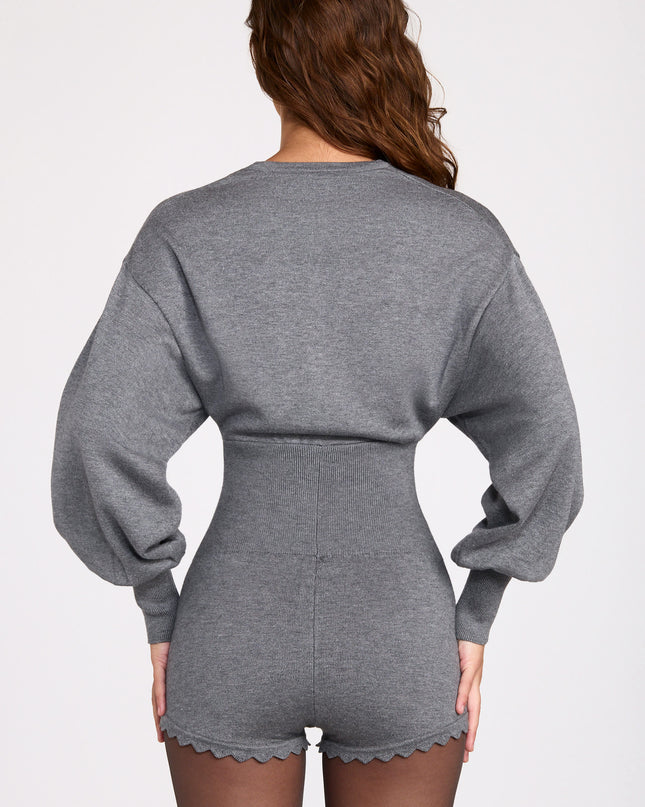 Grey Fine-Knit Long-Sleeve Romper