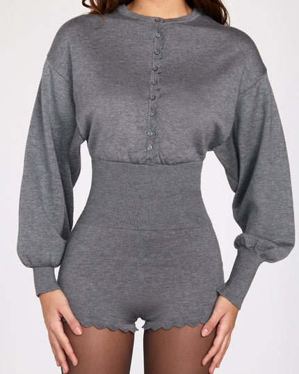 Grey Fine-Knit Long-Sleeve Romper