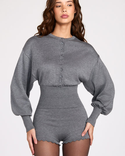 Grey Fine-Knit Long-Sleeve Romper