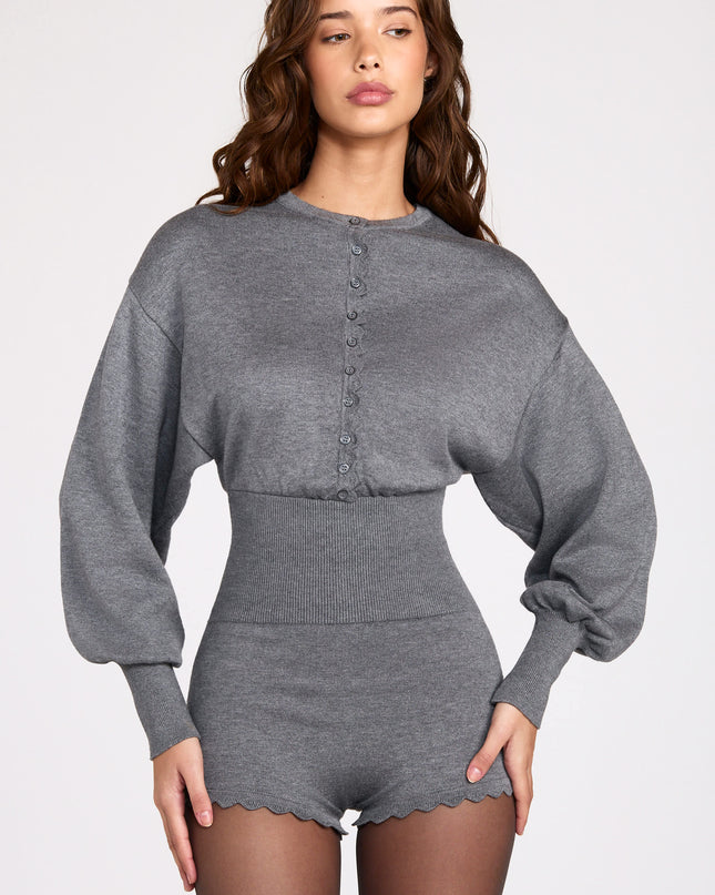 Grey Fine-Knit Long-Sleeve Romper
