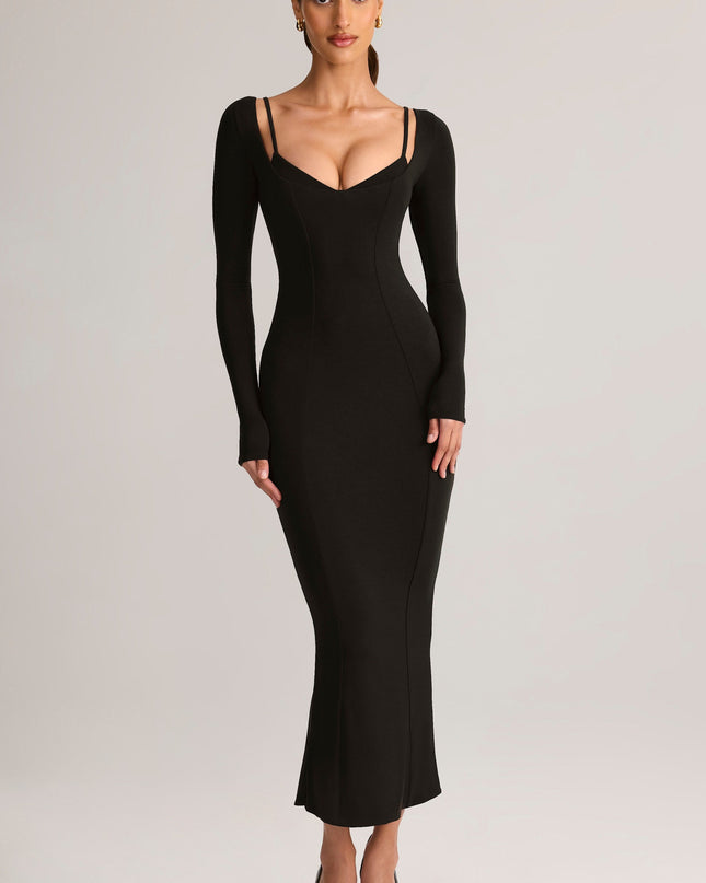 Black Modal Peekaboo Long-Sleeve Midi Dress