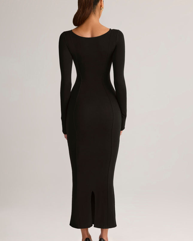 Black Modal Peekaboo Long-Sleeve Midi Dress