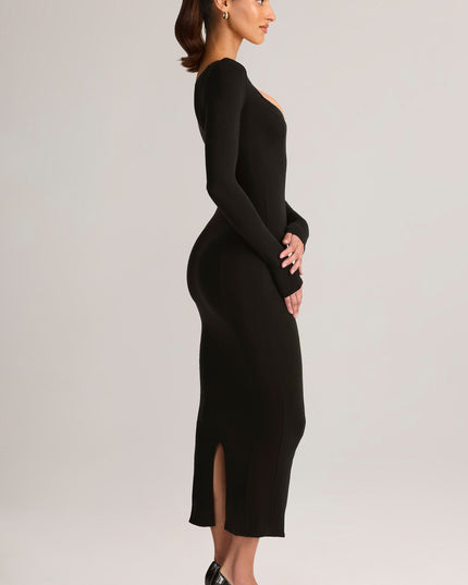 Black Modal Peekaboo Long-Sleeve Midi Dress