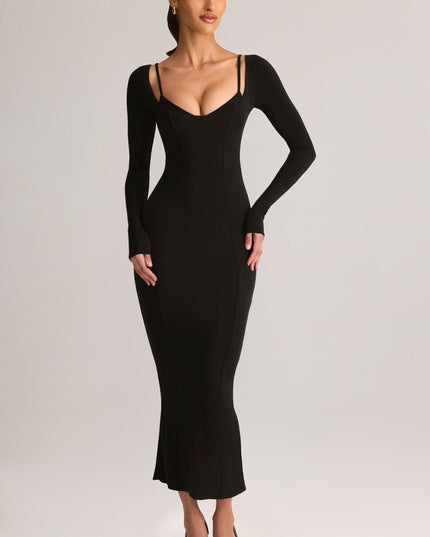 Black Modal Peekaboo Long-Sleeve Midi Dress