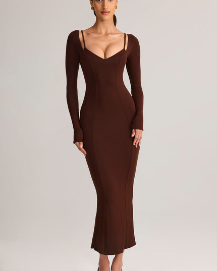 Chocolate Brown Modal Peekaboo Long-Sleeve Midi Dress