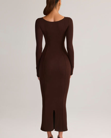 Chocolate Brown Modal Peekaboo Long-Sleeve Midi Dress