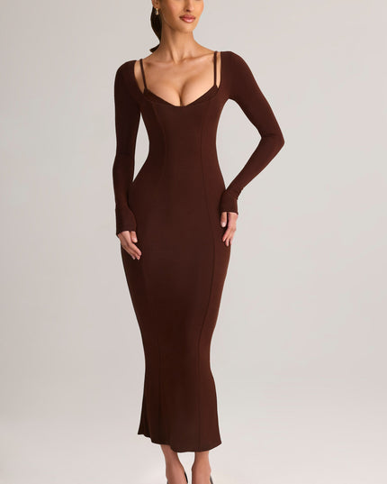 Chocolate Brown Modal Peekaboo Long-Sleeve Midi Dress