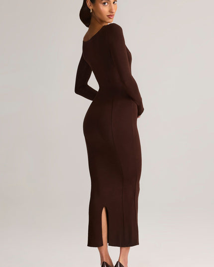 Chocolate Brown Modal Peekaboo Long-Sleeve Midi Dress