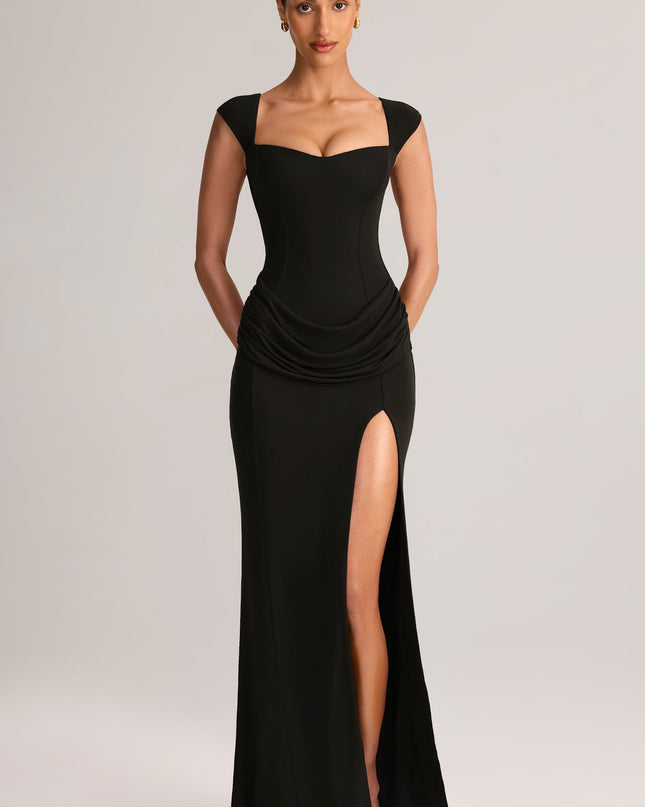 Black Modal Sweetheart-Neck Cowl-Waist Maxi Dress