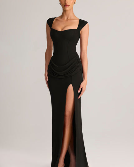 Black Modal Sweetheart-Neck Cowl-Waist Maxi Dress