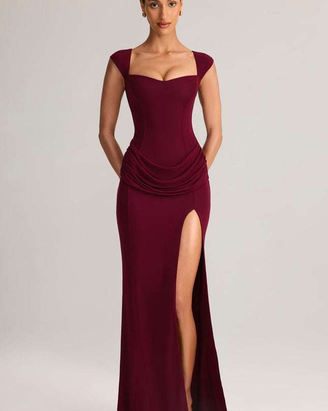 Wine Modal Sweetheart-Neck Cowl-Waist Maxi Dress