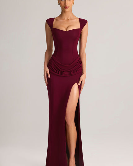 Wine Modal Sweetheart-Neck Cowl-Waist Maxi Dress