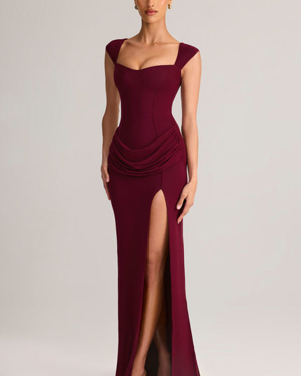 Wine Modal Sweetheart-Neck Cowl-Waist Maxi Dress