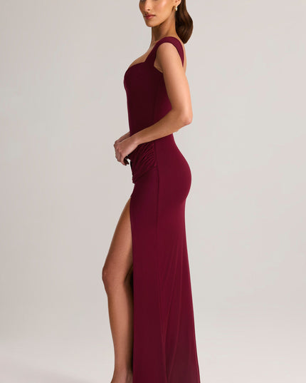 Wine Modal Sweetheart-Neck Cowl-Waist Maxi Dress
