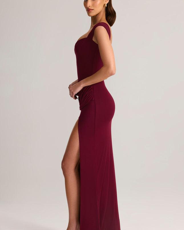 Wine Modal Sweetheart-Neck Cowl-Waist Maxi Dress
