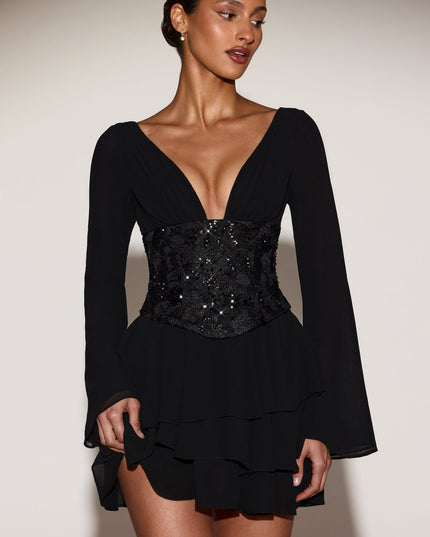 Black Chiffon Embellished Corset A-line Mini Dress