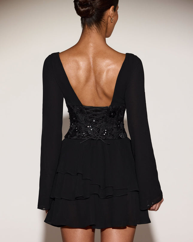 Black Chiffon Embellished Corset A-line Mini Dress
