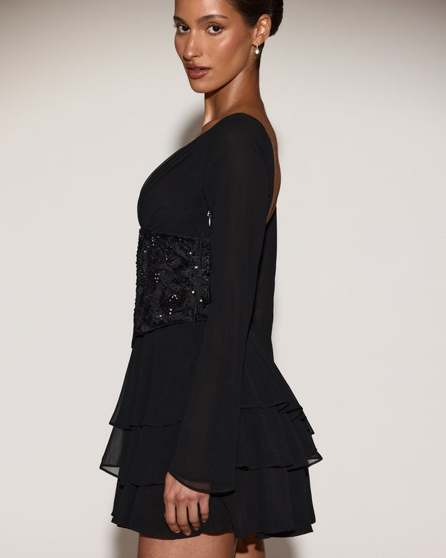Black Chiffon Embellished Corset A-line Mini Dress
