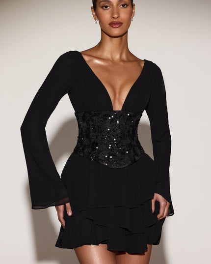 Black Chiffon Embellished Corset A-line Mini Dress