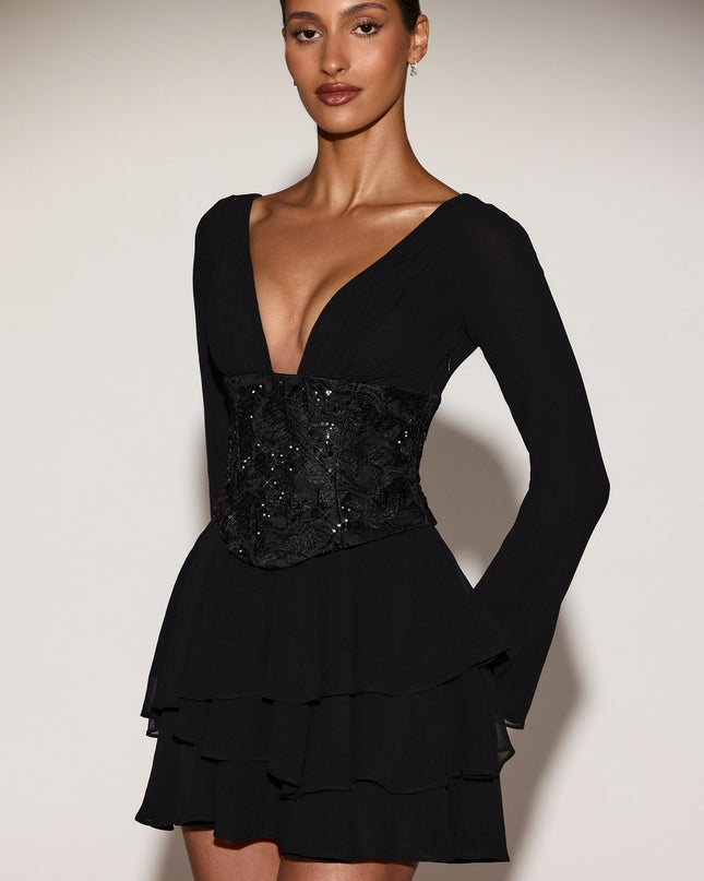 Black Chiffon Embellished Corset A-line Mini Dress