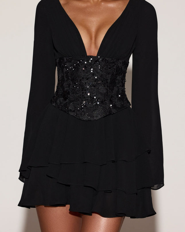 Black Chiffon Embellished Corset A-line Mini Dress