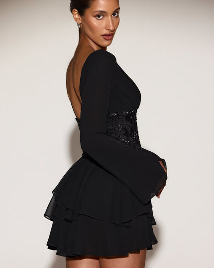 Black Chiffon Embellished Corset A-line Mini Dress