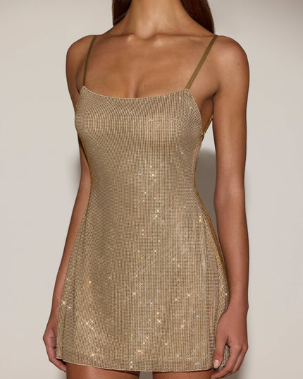Gold Embellished Soft-Scoop Backless Fitted Mini Dress