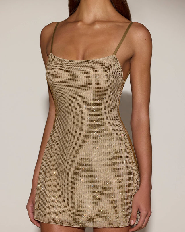 Gold Embellished Soft-Scoop Backless Fitted Mini Dress
