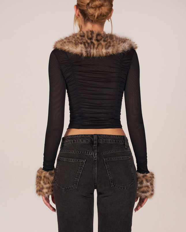 Black Faux Fur-Trim Sheer Mesh Cardigan