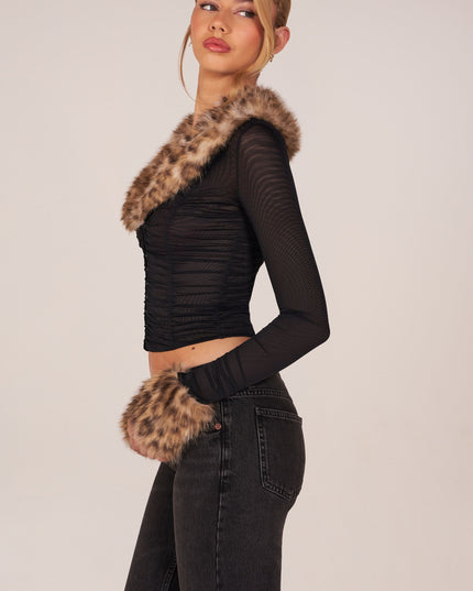 Black Faux Fur-Trim Sheer Mesh Cardigan