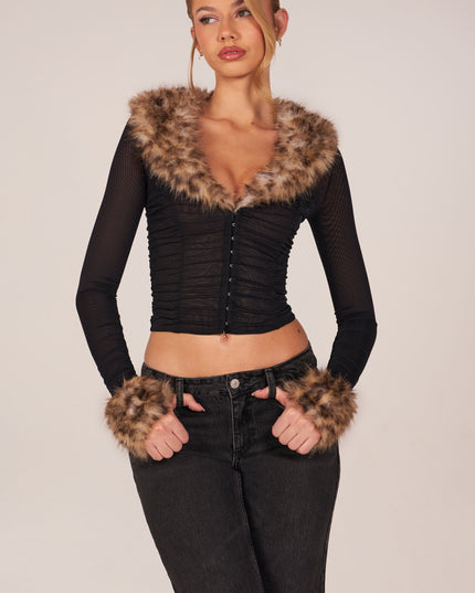 Black Faux Fur-Trim Sheer Mesh Cardigan