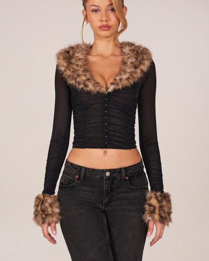 Black Faux Fur-Trim Sheer Mesh Cardigan