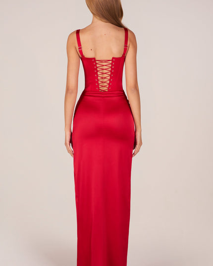 Rose Red Corseted Thigh-High Split Maxi Dress