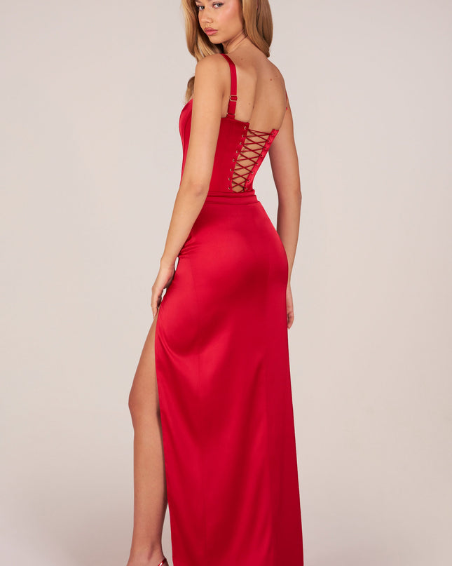 Rose Red Corseted Thigh-High Split Maxi Dress