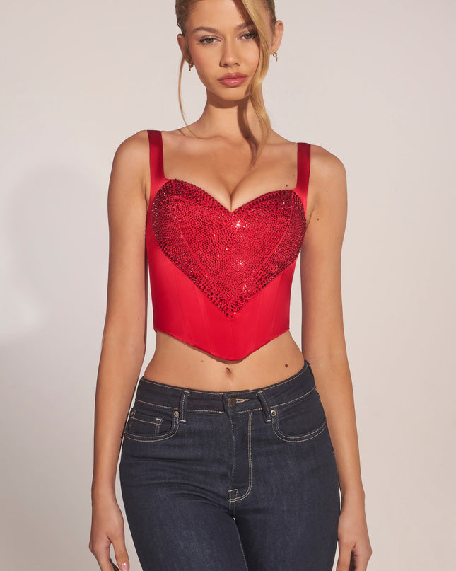 Cherry Sweetheart-Neck Lace-Up Corset Top