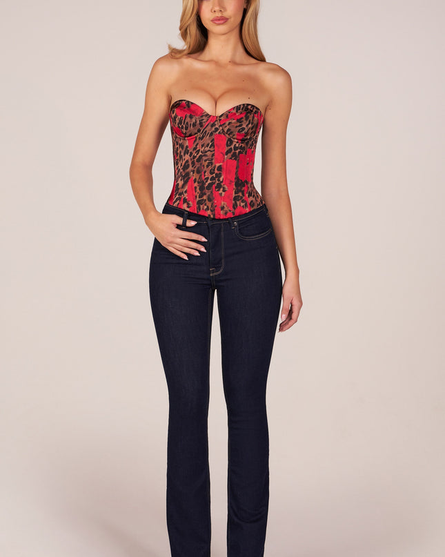 Rose Leopard Print Bandeau Lace-Up Corset Top