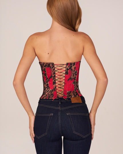 Rose Leopard Print Bandeau Lace-Up Corset Top