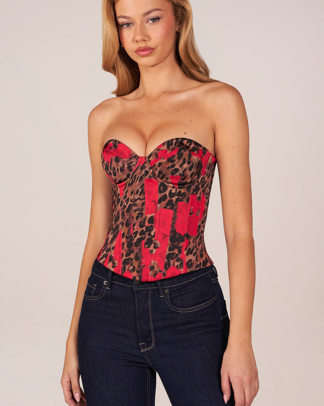 Rose Leopard Print Bandeau Lace-Up Corset Top