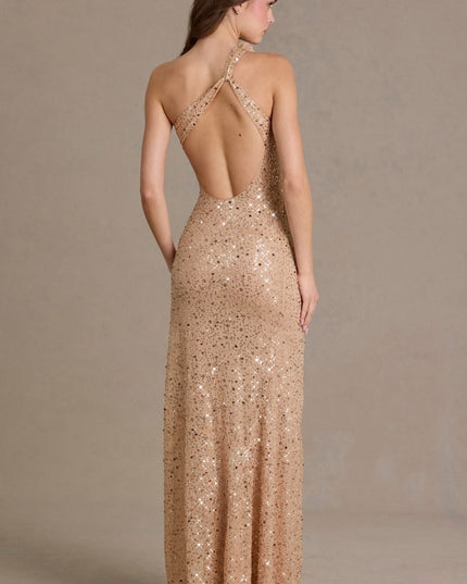 Sand Embellished Asymmetric One-Shoulder Maxi Dress