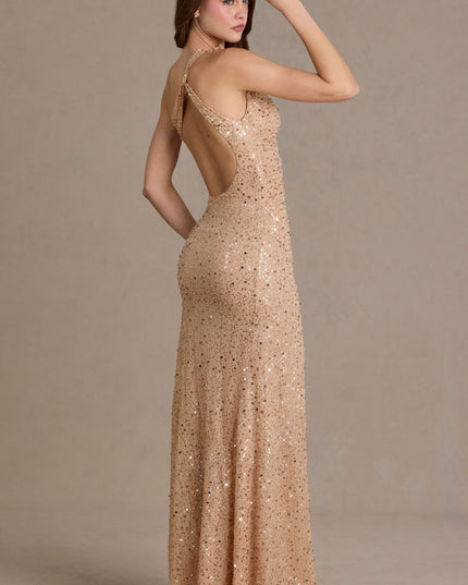 Sand Embellished Asymmetric One-Shoulder Maxi Dress