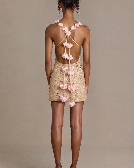 Gold Embellished Open-Back Mini Dress